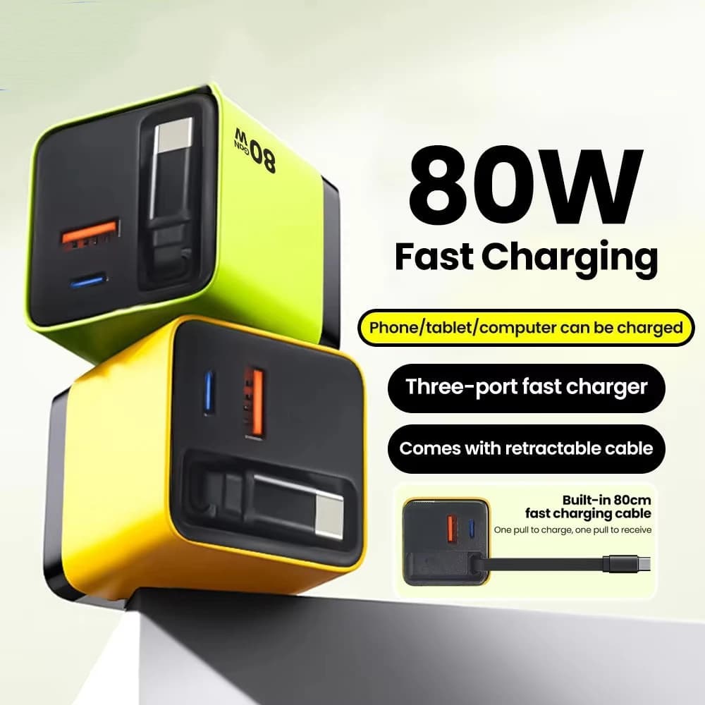 80W USB Charger with Retractable Type C Cable USB C Charger for iPhone 16 15 Huawei iPad Laptop Type C Mobile Phone Fast Charger
