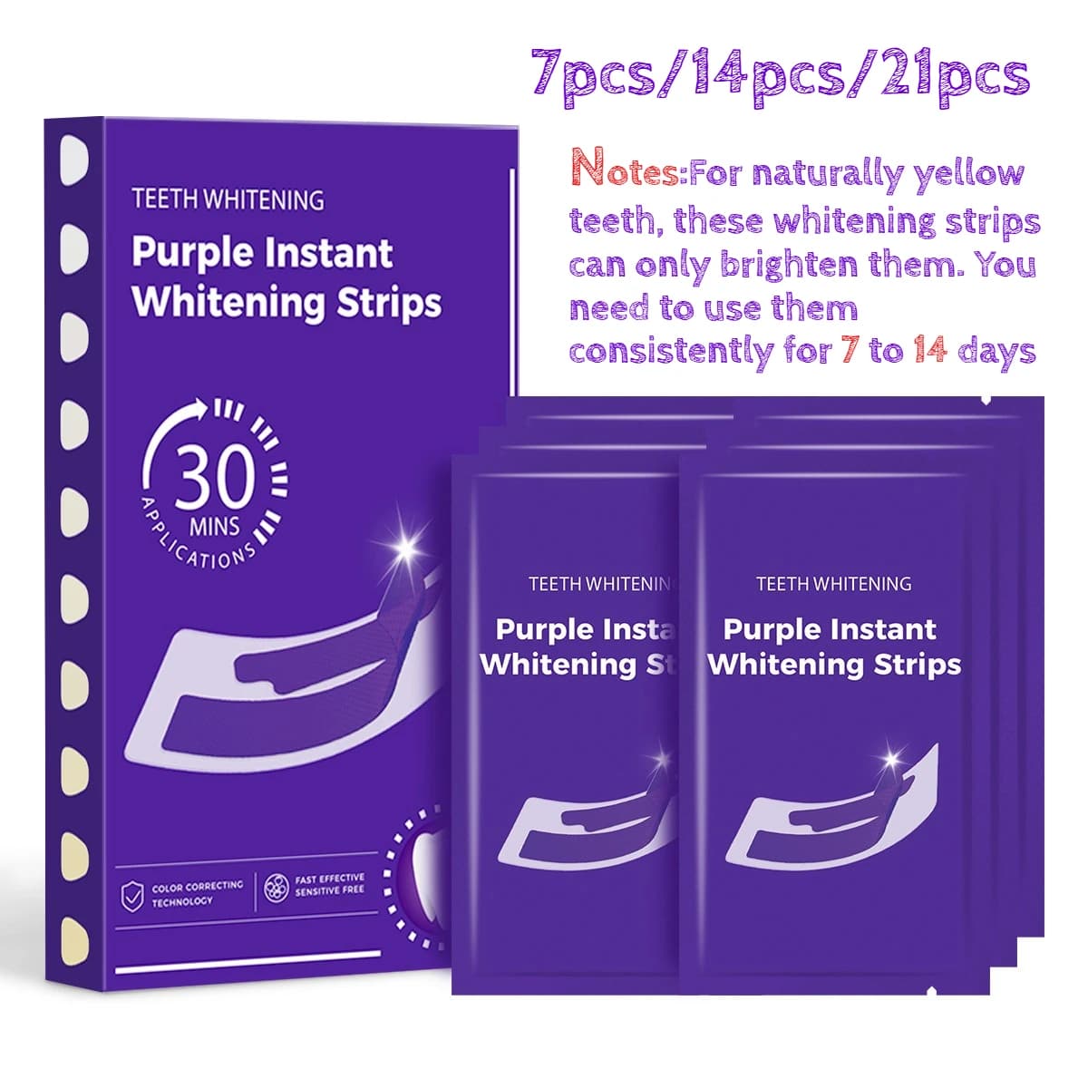 7/14/21pcs Purple Teeth Whitening Strips for Teeth Peroxide-Free Purple Whitening Strips for Sensitive Teeth30-Minute Smile Care
