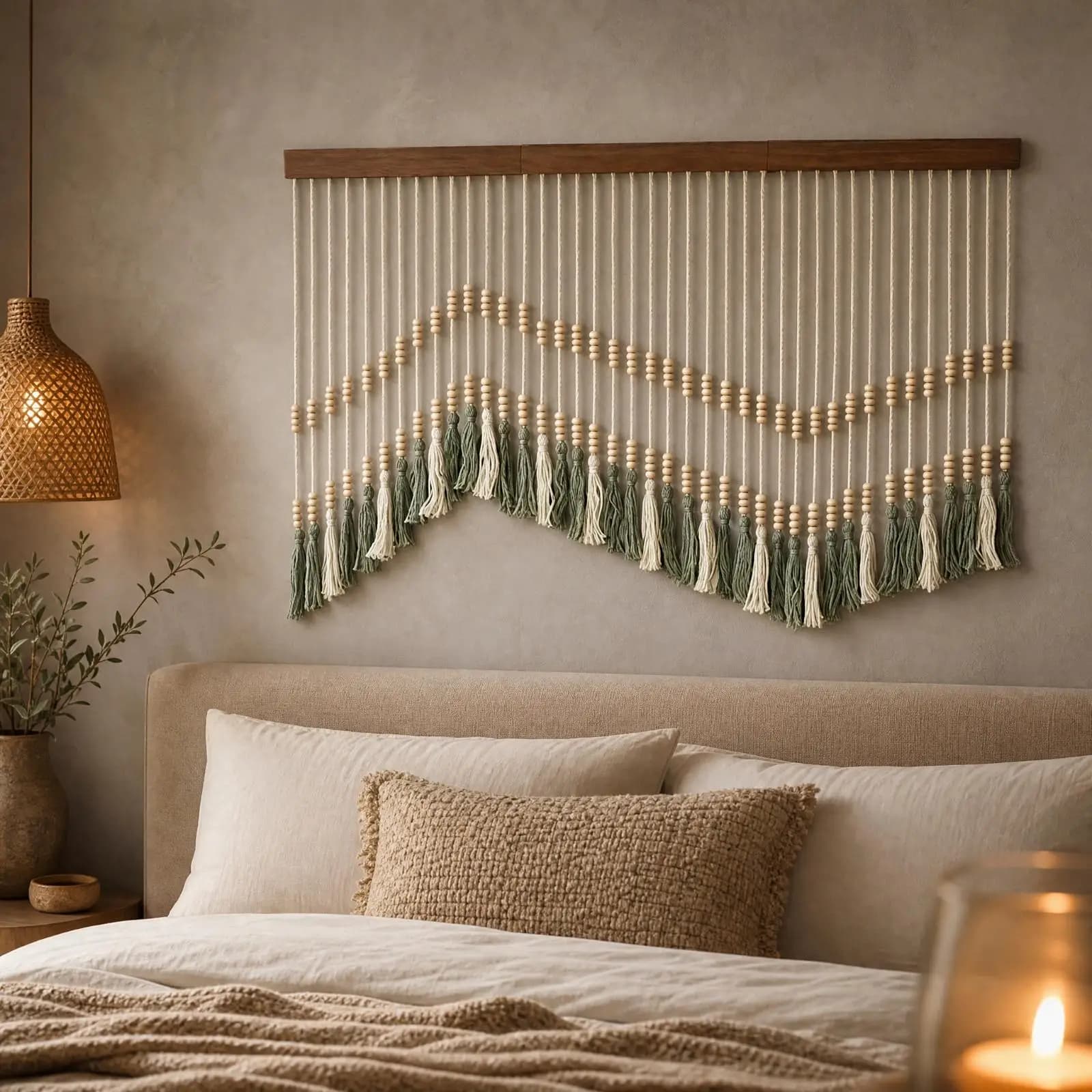 Wooden Beaded Macrame Wall Tapestry Hanging Art with Tassel Fringe Boho Aesthetic Decoration for Bedroom and Lounge
