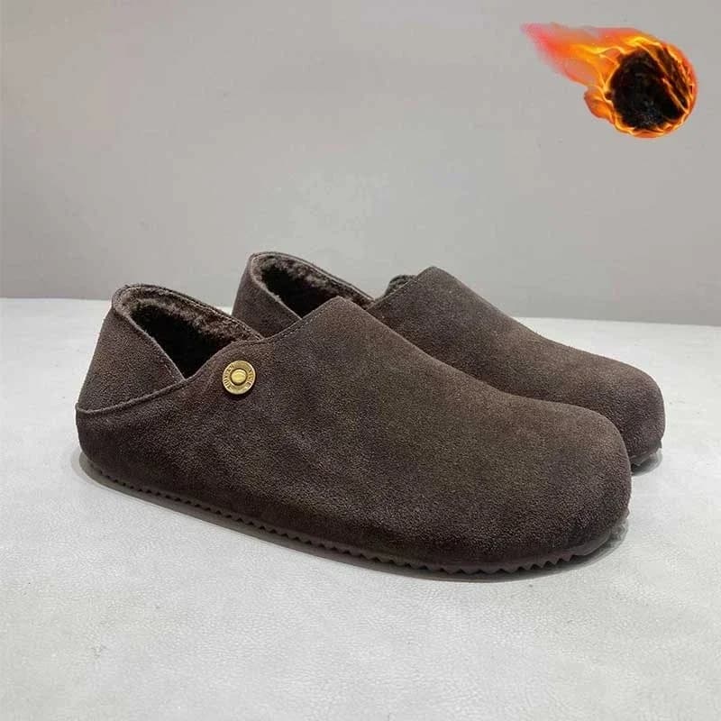 Men Leather Flats Fleece-lined Women Casual Snow Shoes Slip on New Winter Warm Outdoor Walking Shoes Split Leather Driving Shoes