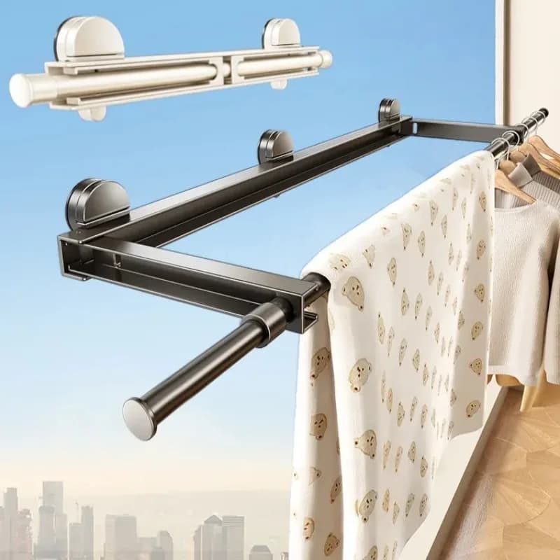 Portasciugamani Pieghevole da Bagno in Acciaio al Carbonio, Asta Telescopica con Ventosa, Organizzatore Multifunzionale Senza Foratura