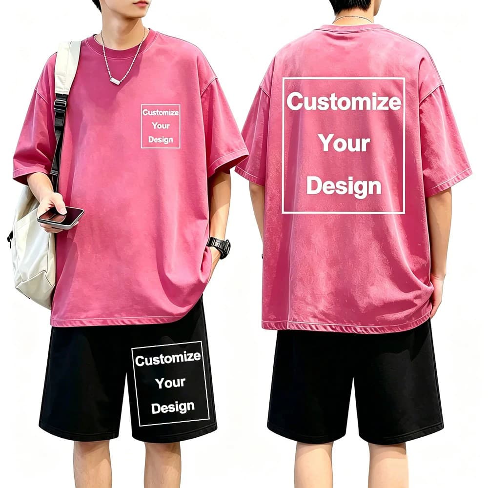Personalization Customize Washed T-Shirts Shorts Set Summer Mens Cotton Tops DIY Clothes Oversized Soft O-Neck Tees Pocket Pants