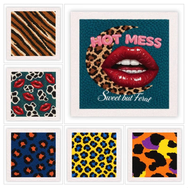 Punch Needle Embroidery Kit Red Lips Leopard Print Pattern Easy Art Craft Set For Beginners Tool Threader Fabric Hoop Yarn Rug