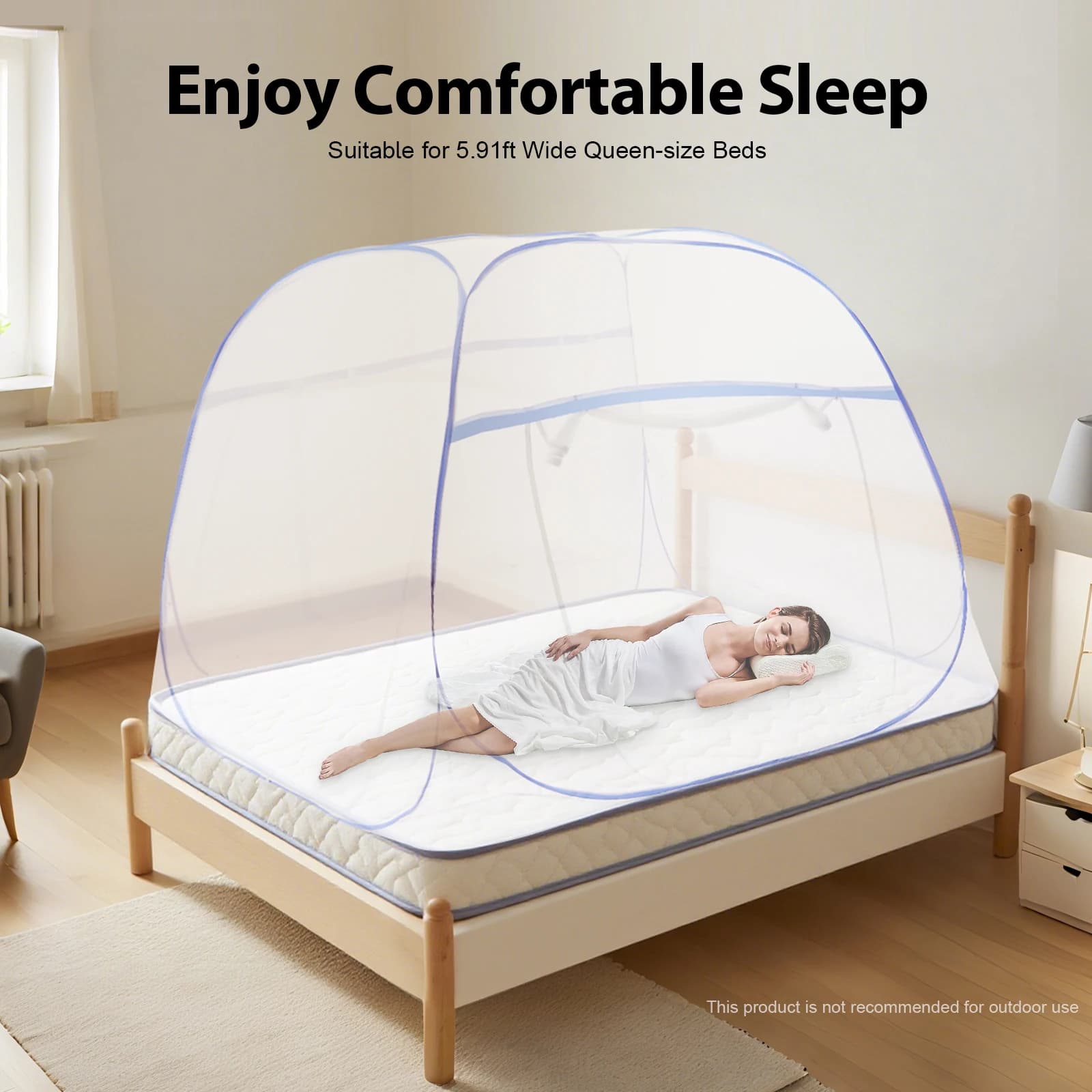 Tettuccio per letto con zanzariera con 5 fili d'acciaio, baldacchino per letto blu, zanzariera per letti queen size larghi 5,91 piedi