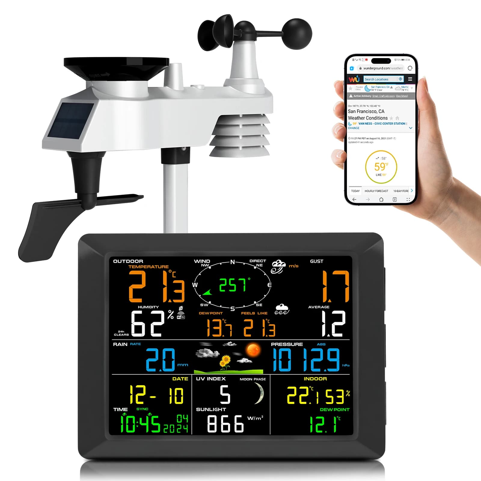 Stazione meteorologica WiFi da 8,3" 14 in 1 con sensore solare Portata 328FT Sincronizzazione in tempo reale in condizioni atmosferiche sotterranee/nuvole per la casa