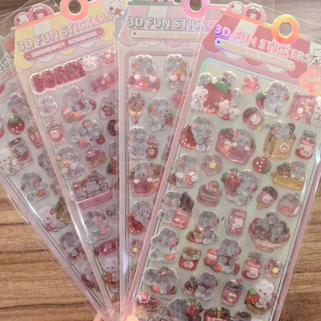 4 adesivi 3D a forma di orsetto e fragola rosa dolce - Adorabili decorazioni per quaderni, album e lavoretti fai da te - Negozio di adesivi Golden Memory