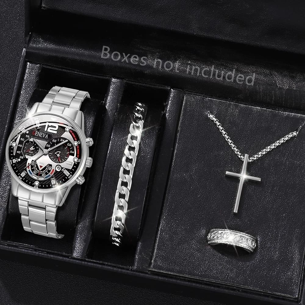 Set di gioielli con orologio al quarzo con calendario casual da uomo con cinturino in acciaio inossidabile da 4 pezzi/set