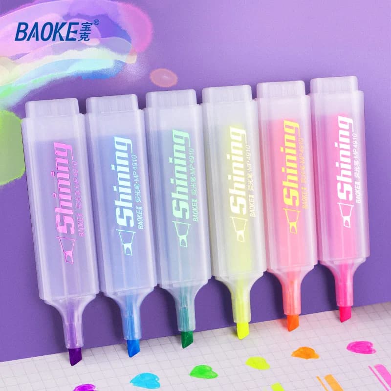 BAOKE MP4910-6 Evidenziatori 6 colori, Punta a scalpello, Fluorescente assortito, Asciugatura rapida, Perfetto per lo studio, Prendere appunti,