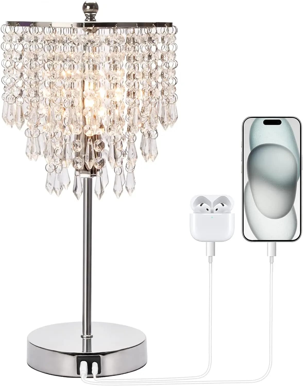 Lampada da Tavolo in Cristallo con Controllo Touch e Porte USB C+A, Lampada da Comodino Dimmerabile per Soggiorno e Camera da Letto