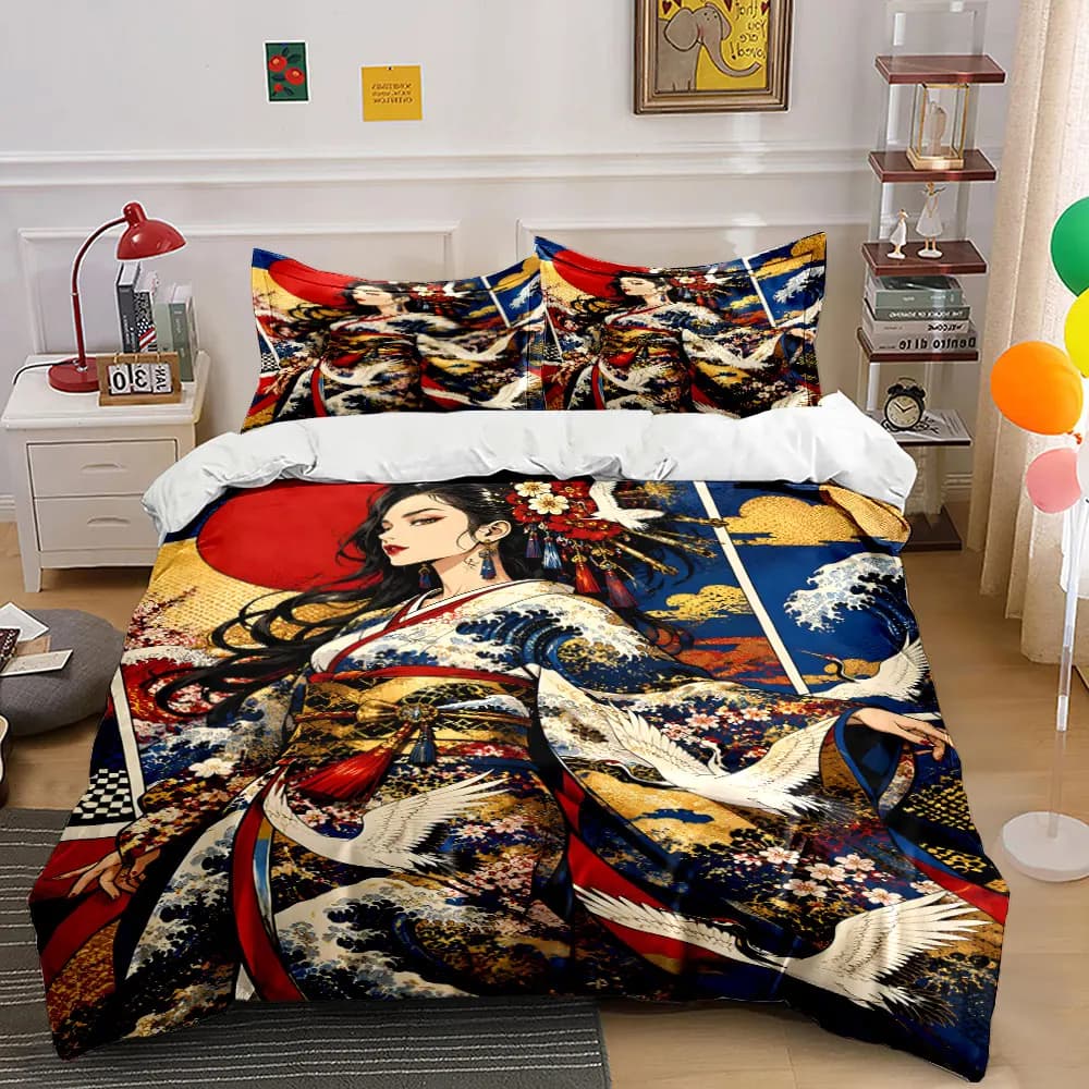 Elegant kimono adorned with flying cranes Print Bedding Set 1 Duvet Cover 2 Pillowcases for Adult and Children Luxury Gift