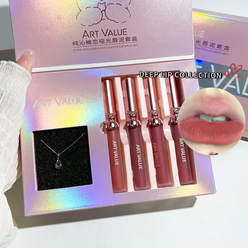 ART VALUE 4 pezzi lucidalabbra rossetto liquido idratante duraturo specchio per trucco set di smalti per labbra con collana tinta labbra trucco di bellezza