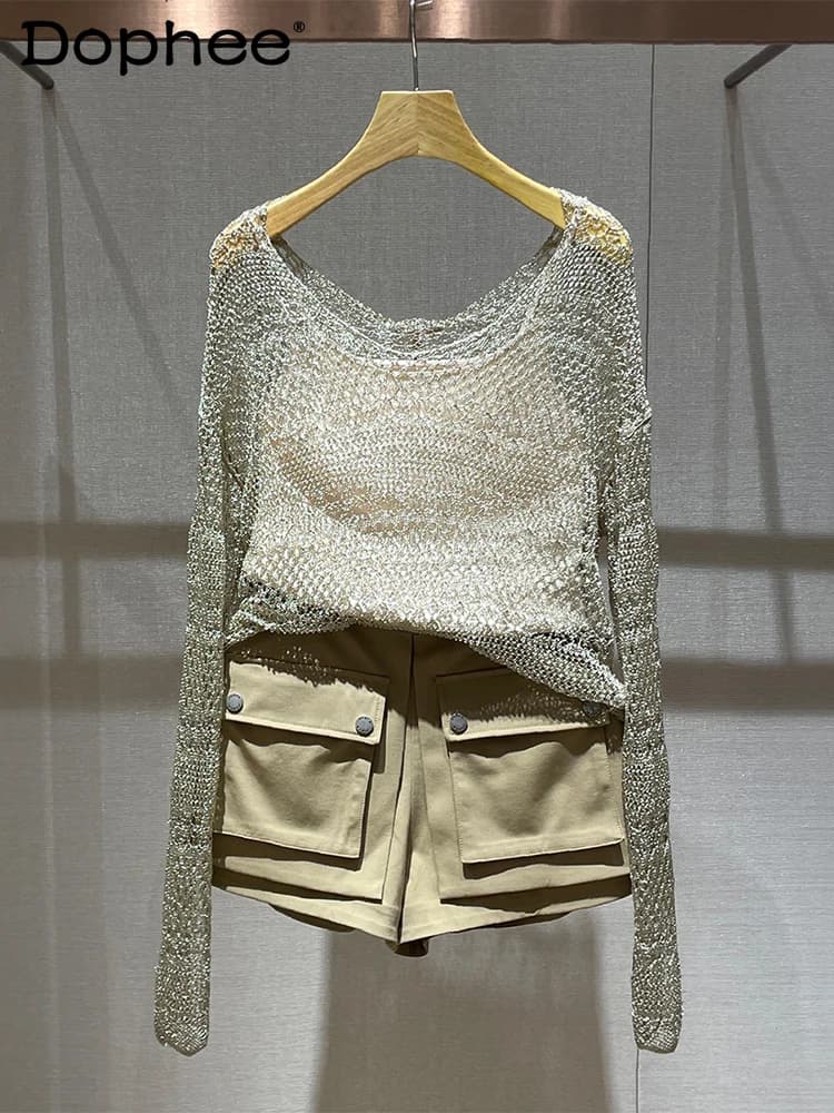 2025 estate nuova camicetta cava coreana di fascia alta set in due pezzi dolce fresco Spice Girl moda pantaloncini a maniche lunghe traspiranti