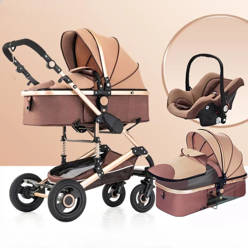 Passeggino 3In1 con seggiolino auto Passeggino pieghevole per bambini Carrozzina ammortizzante Cestino per dormire rimovibile