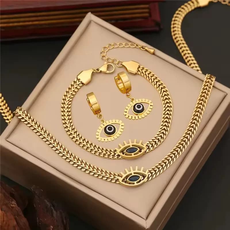 4 pieces/set stainless steel chain devil eye bracelet with earring necklace pendants for women jewelry set for punk parties, birthday gifts