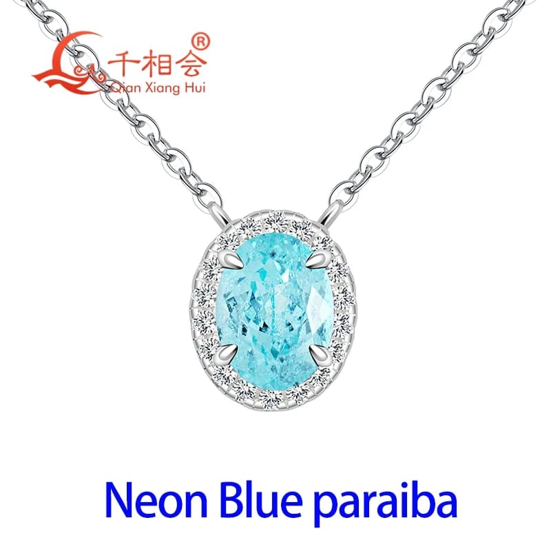 6x8mm 8x10mm oval S925 Sterling Silver YAG Created Neon Blue/Green Paraiba with Moissanite Halo Pendant Necklace Jewelry Women