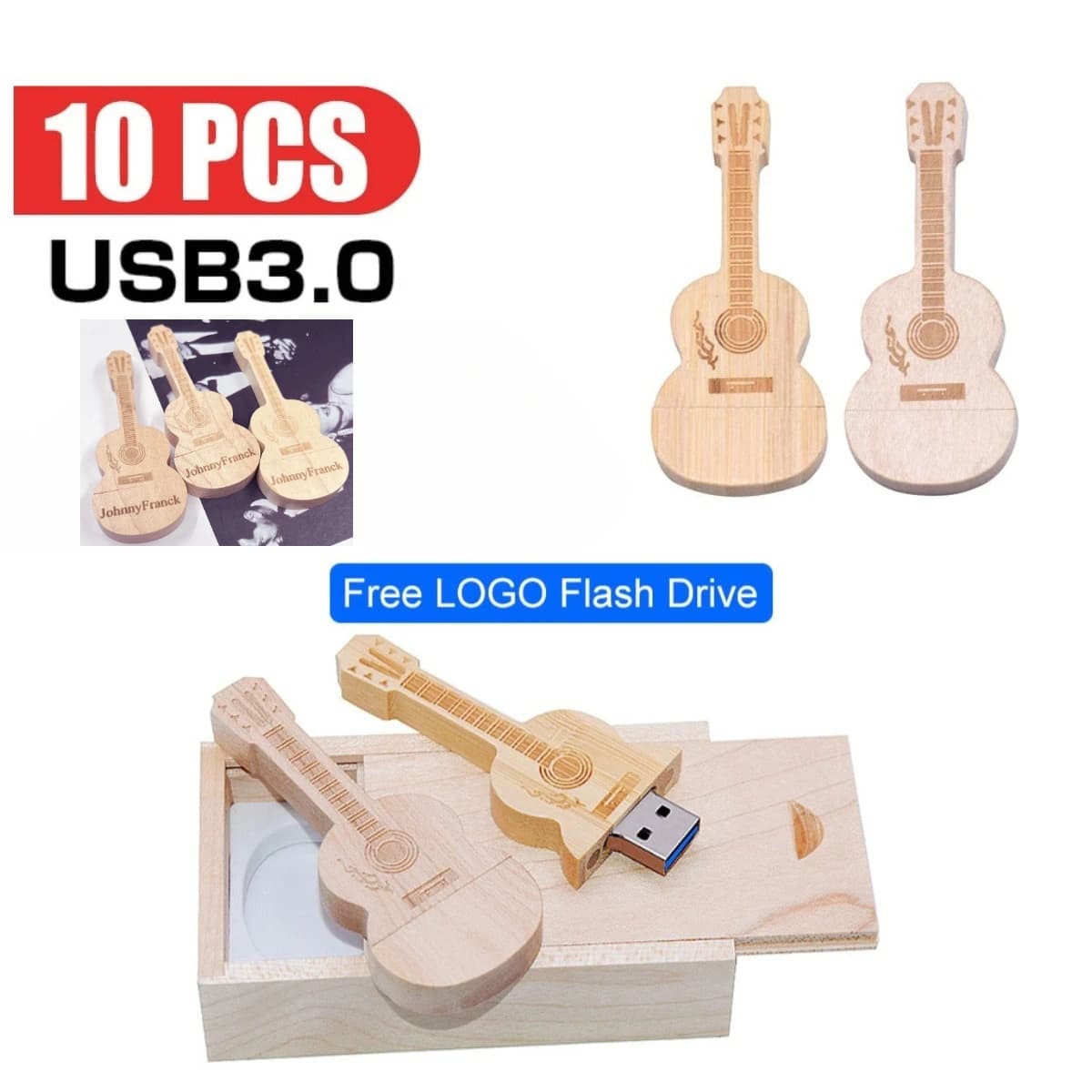 10 pz/lotto Chiavetta USB 3.0 in legno + Scatola a forma di chitarra, pen drive 8GB 16GB 32GB 64GB 128GB, memoria stick con logo personalizzabile, regali