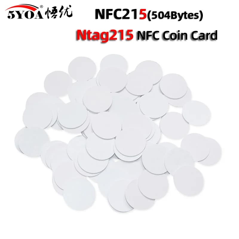 5YOA 50/30 pz NFC Ntag215 Moneta TAG Chiave 13.56 MHz NTAG 215 Etichetta Carta RFID Ultraleggero Tag Etichette 25 mm di diametro Scatola Rotonda