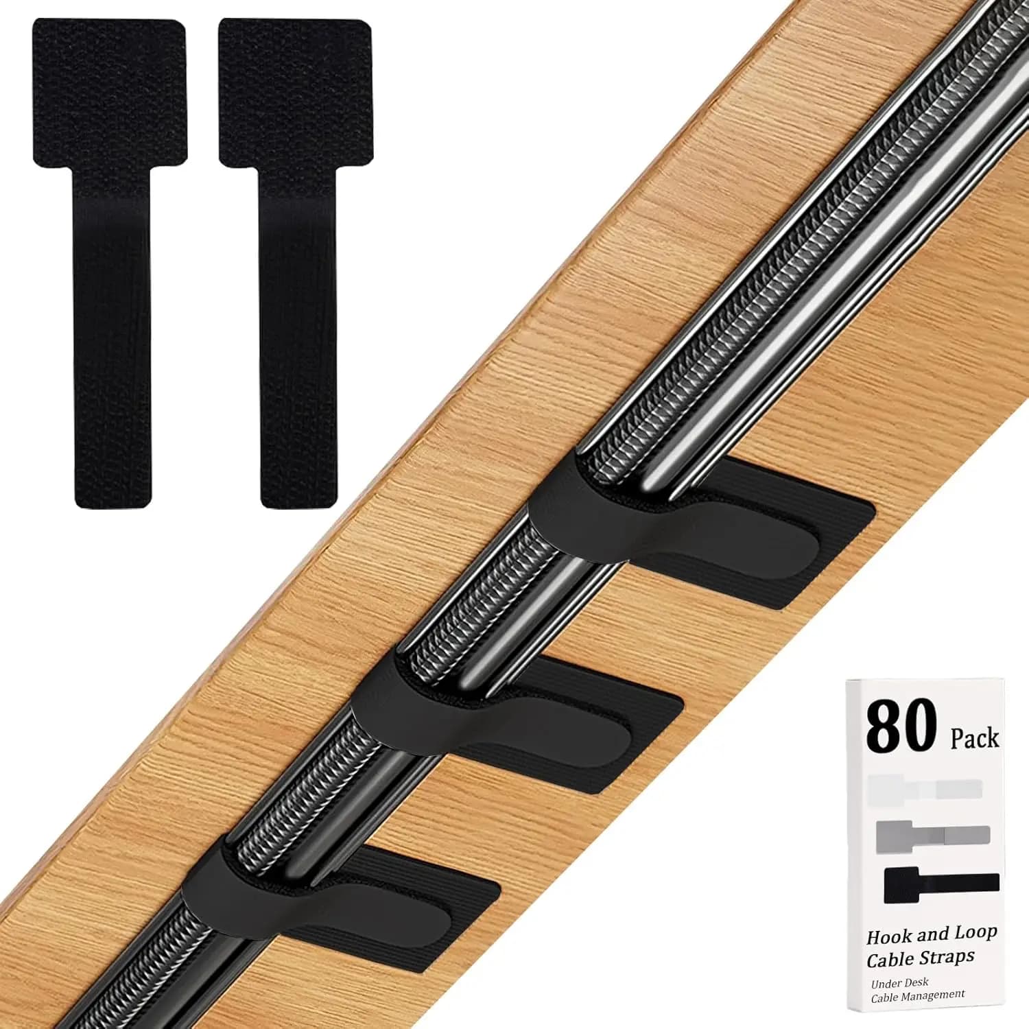 80PCS Reusable Hook & Loop Cable Ties, Adhesive Cord Organizers for Desk, Home Office Essentials, Black