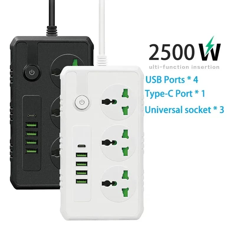 Multipresa con 4 USB e 1 porta di tipo C Cavo di prolunga da 2 M Protezione da sovraccarico da sovratensione 3 prese elettriche universali Spina UE UK