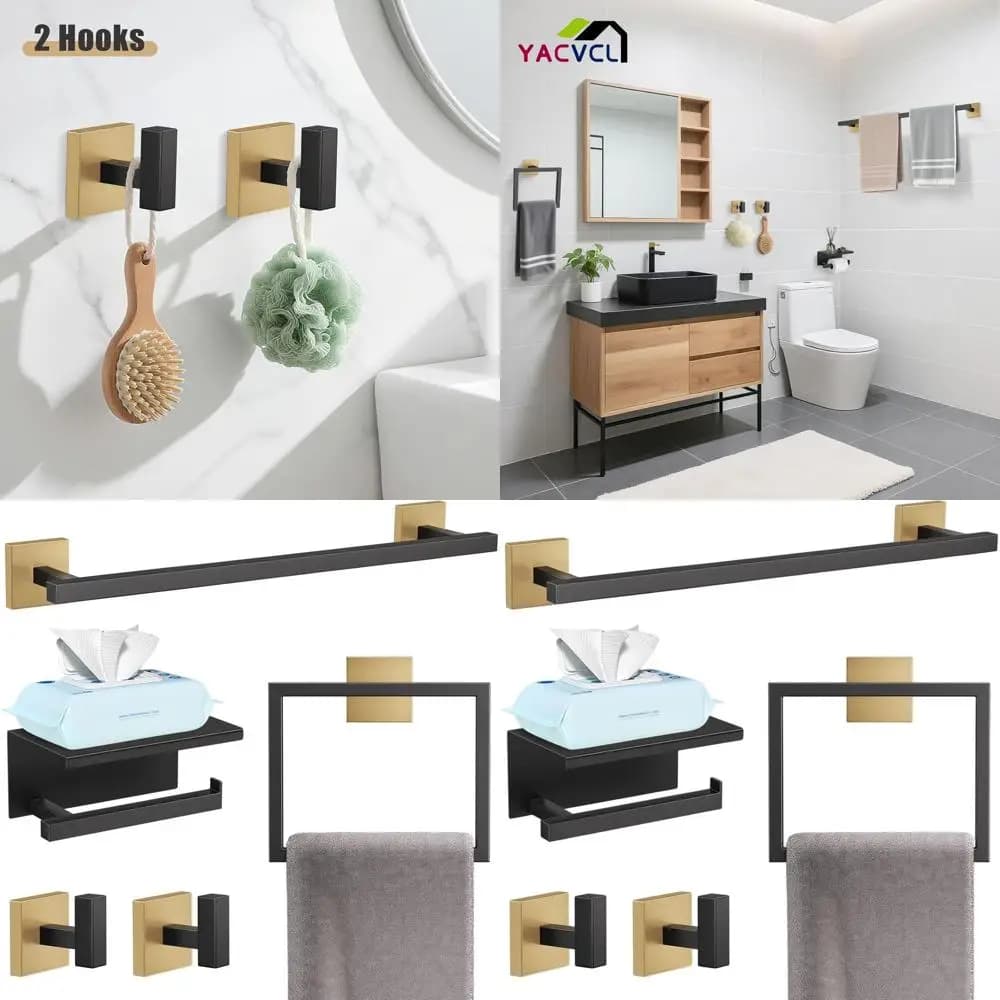 Set di accessori da bagno da 5 pezzi in acciaio inossidabile nero e oro con portasciugamani a parete, supporto e porta carta igienica con Sh