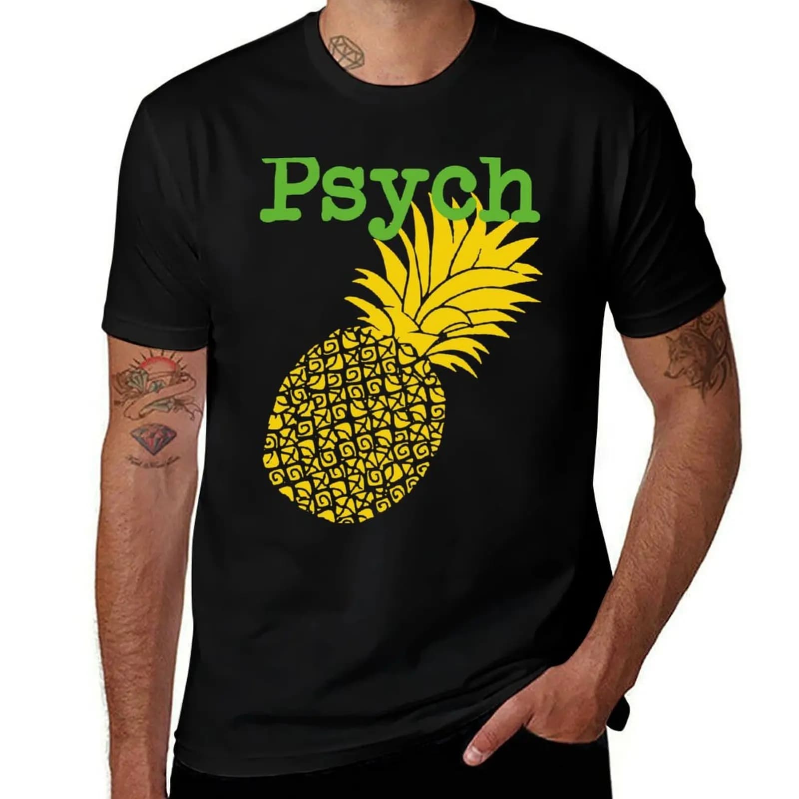 Maglietta minimalista con stampa di ananas verde lime, ispirata alla cultura pop della serie TV Psych, in tessuto elasticizzato confortevole.