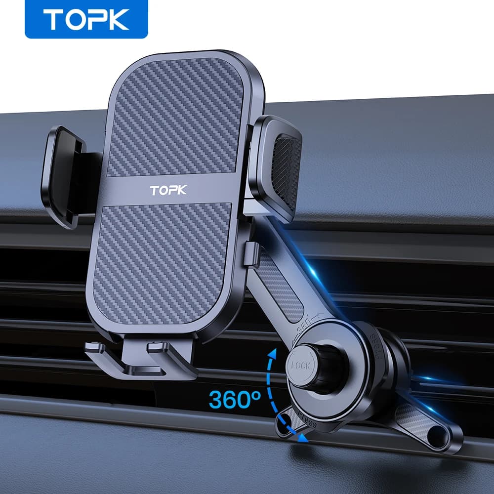 Supporto per telefono per auto con presa d'aria TOPK D46T, 360 ° Supporto per telefono da auto con gancio girevole in metallo con facile installazione per tutti gli smartphone