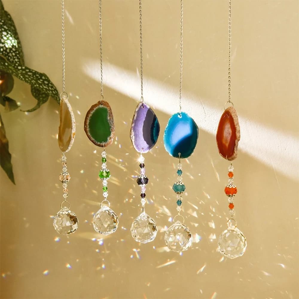 Natural Colorful Crystal Agate Sun Catcher Rainbow Prism Ball Crafts Crystal Wind Chime Rainbow Maker Garden Pendant Suncatcher