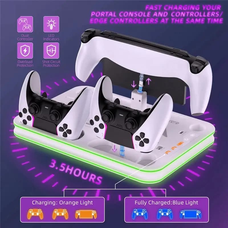 B31B Controller Charging Dock with RGB Light Fan Cooling Base Charging Stand for PS5 Pro Slim PS5 Full Series Console White