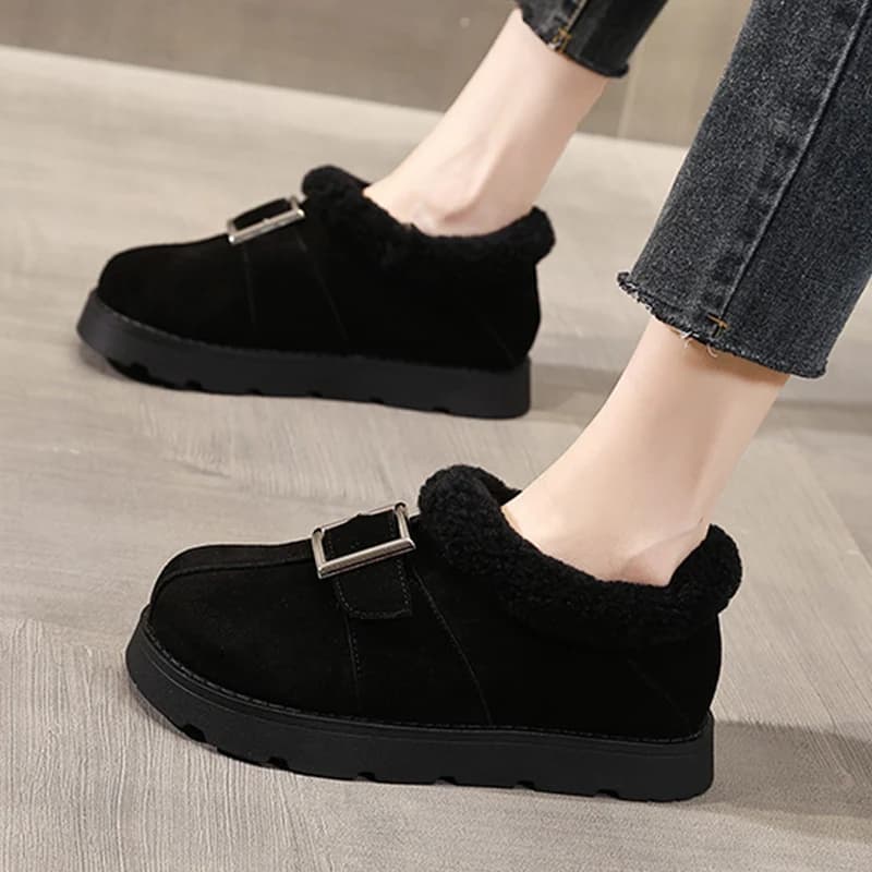 2025 Scarpe invernali Donna Stivali in pelle scamosciata Caldo peluche piatto antiscivolo Freddo inverno Moda Donna Stivali da neve alla caviglia Nero Giallo D630