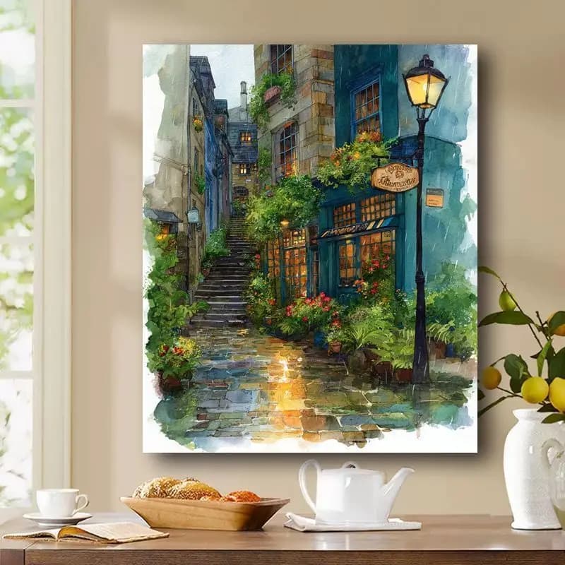 Painting By Numbers on Canvas Kit for Adults Rainy Night Flower Shop Drawing Acrylic Paint Oil Picture of Coloring By Numbers