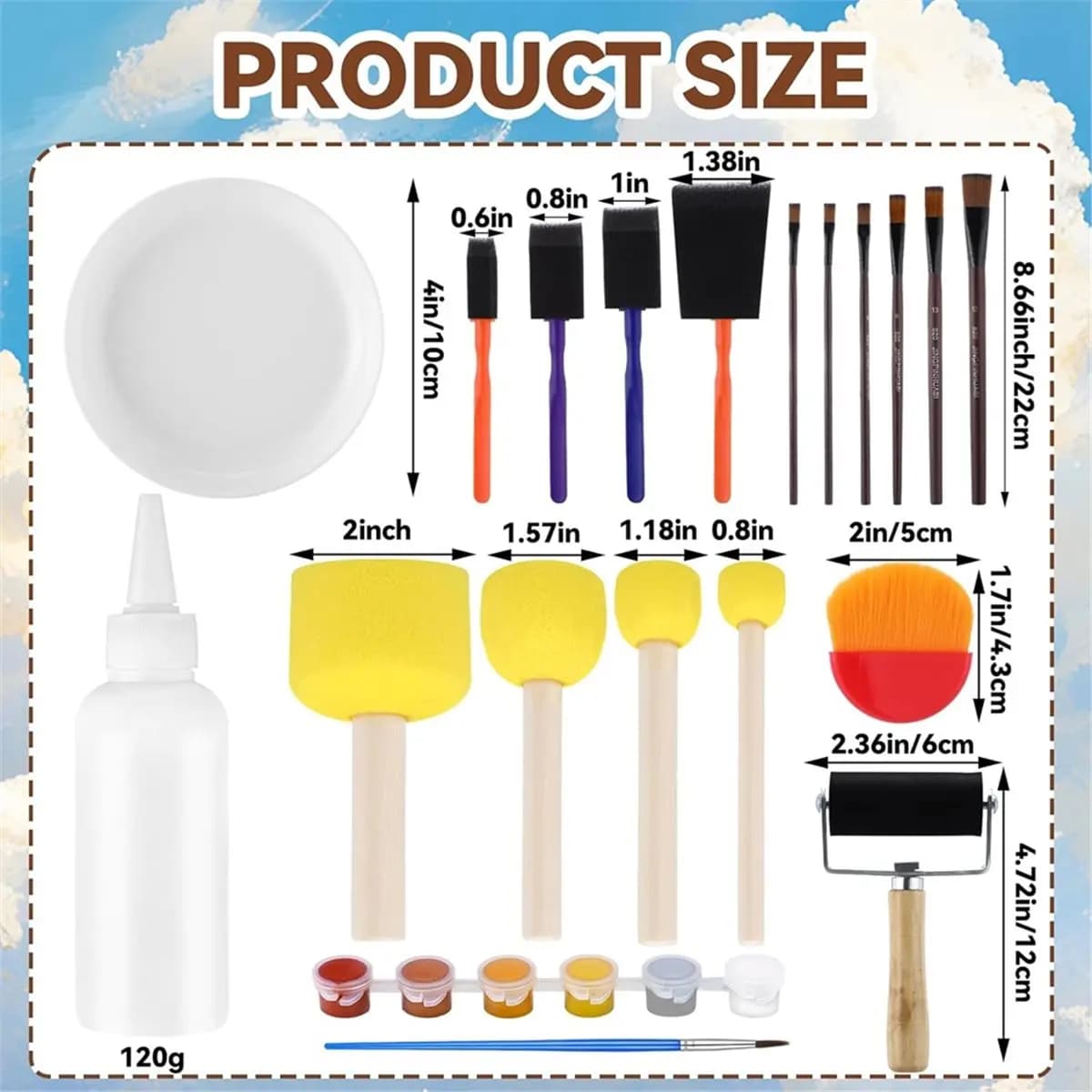 【STABLE QUALITY】19 Pcs Essential Decoupage Tool Set 4.1oz Glue Foam Paint Round Sponges Brush Plate Wooden Handle Roller for DIY