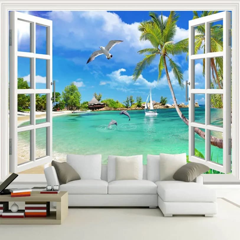 Personalizzato 3D Foto Carta Da Parati Finestra Spiaggia Paesaggio Camera Da Letto Soggiorno Divano TV Sfondo Rivestimento Murale Carta Da Parati Per Pareti 3D