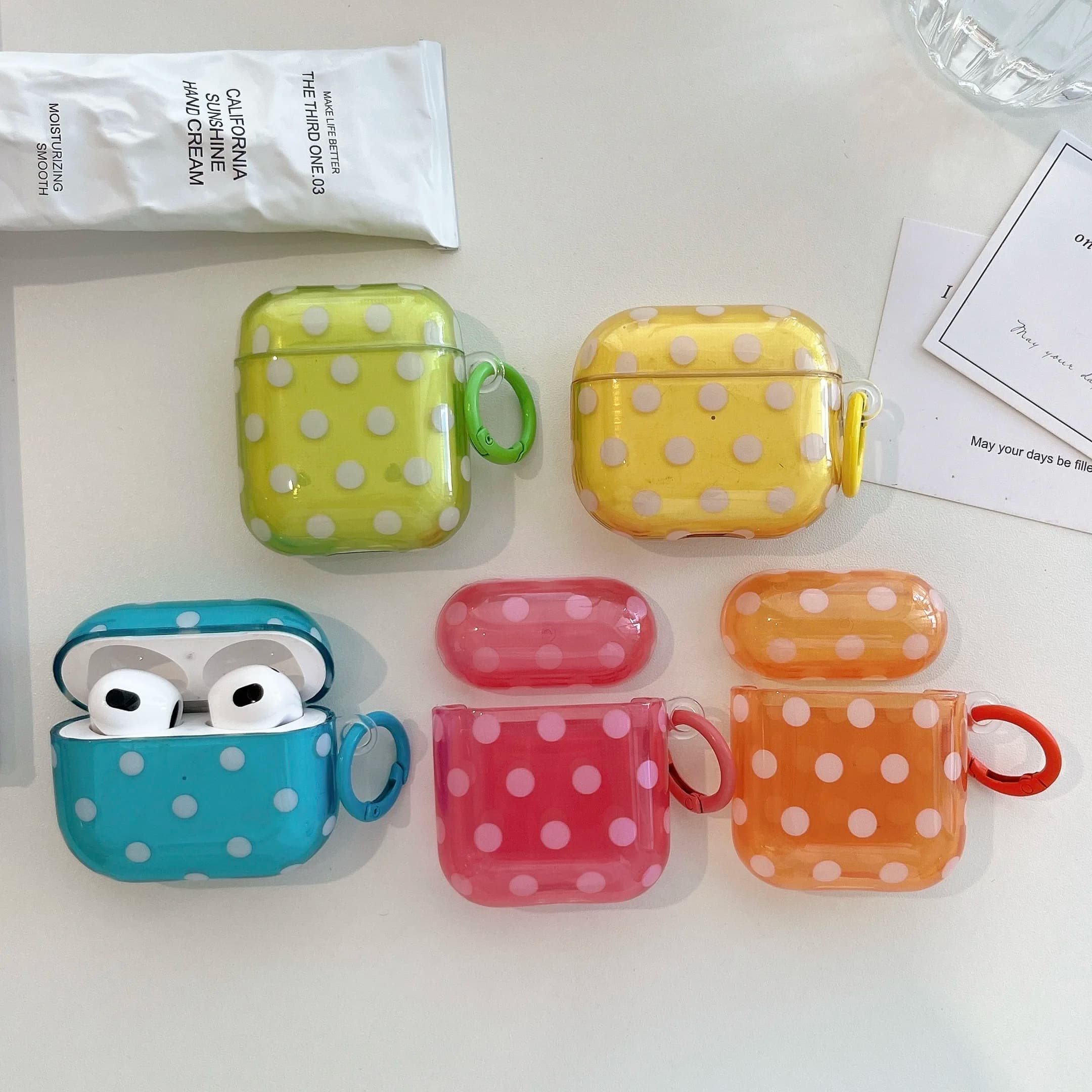 Solid Colors Dots Transparent Earphone Case with Ring for Airpods Pro, Pro2, Pro3, 1, 2, 3, 4, Anti-fall Headphone Box Cover