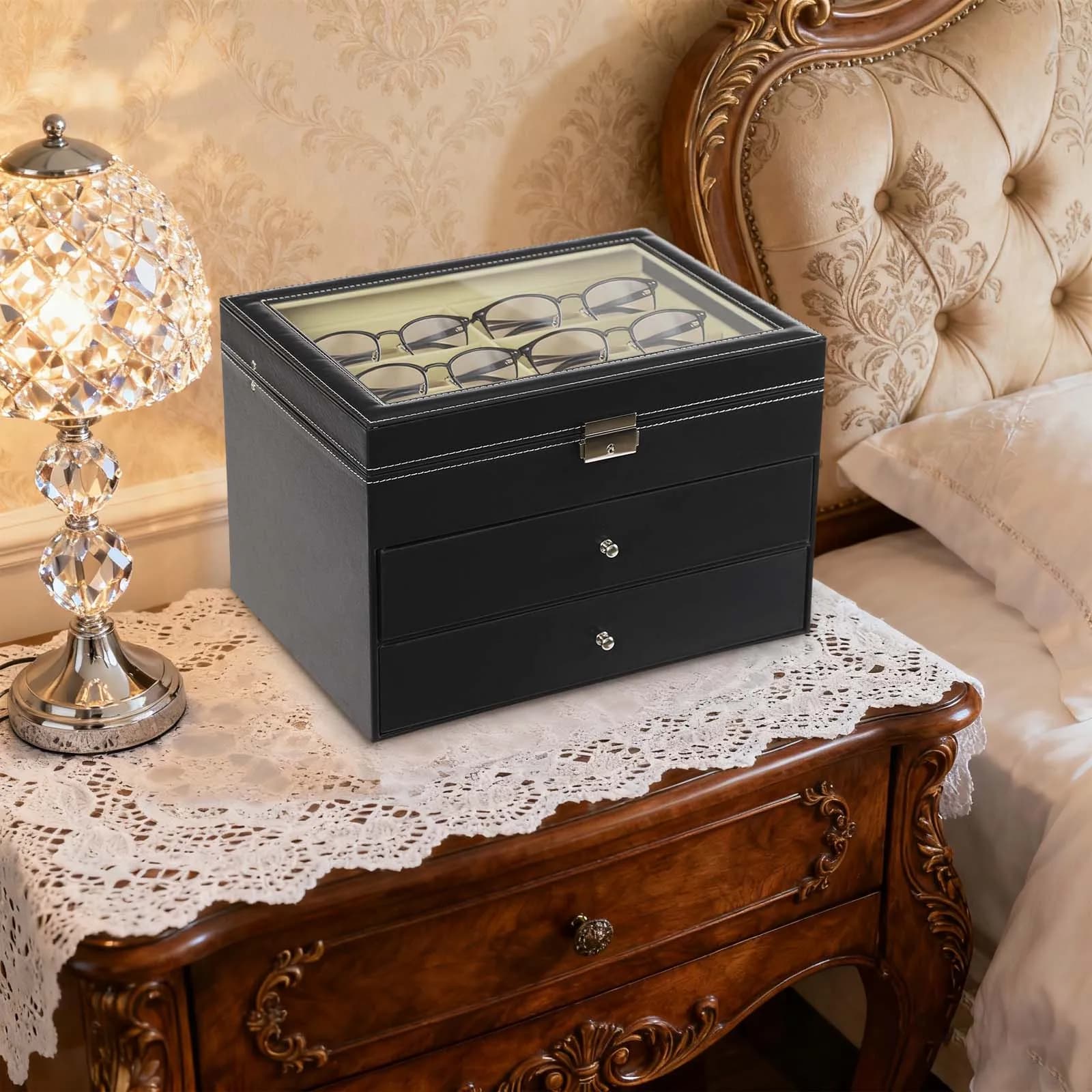 NUOVO Espositore per Occhiali a 3 Livelli, Scatola Portaoggetti in Pelle PU con 24 Scomparti per Occhiali e Gioielli, 11.69" X 7.56" X 11.69"