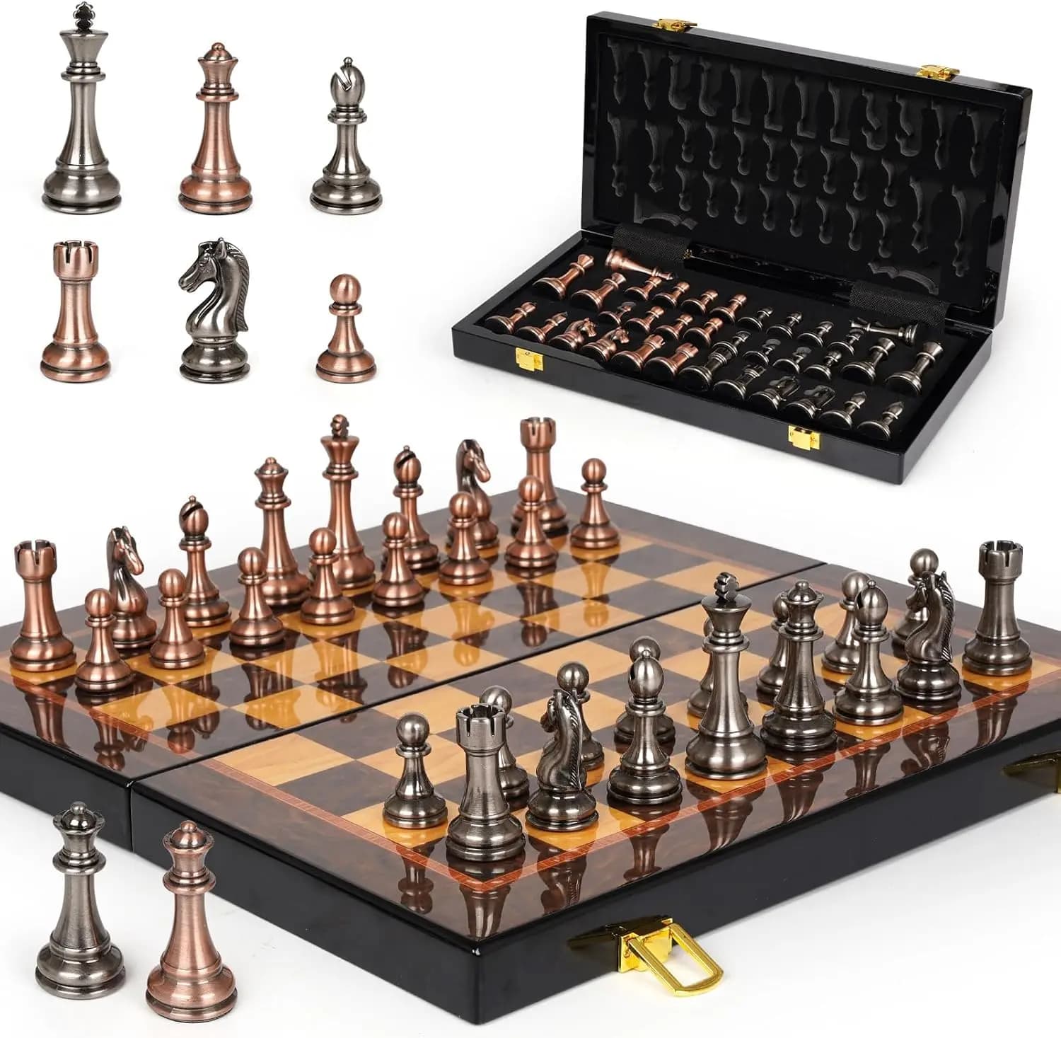 Set di Scacchi in Metallo con Scacchiera in Legno da 15 Pollici, Pezzi Pesanti, 2 Regine Extra, Stile Torneo