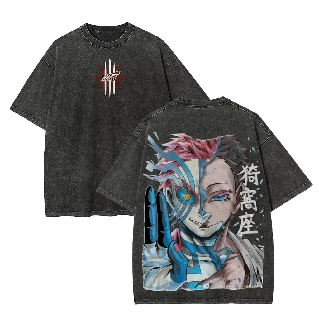 Demon Slayer Iwakiza Anime Graphic T Shirt Men Women Cotton Short Sleeve Tee Vintage Washed Streetwear Oversized Casual Tops Y2k