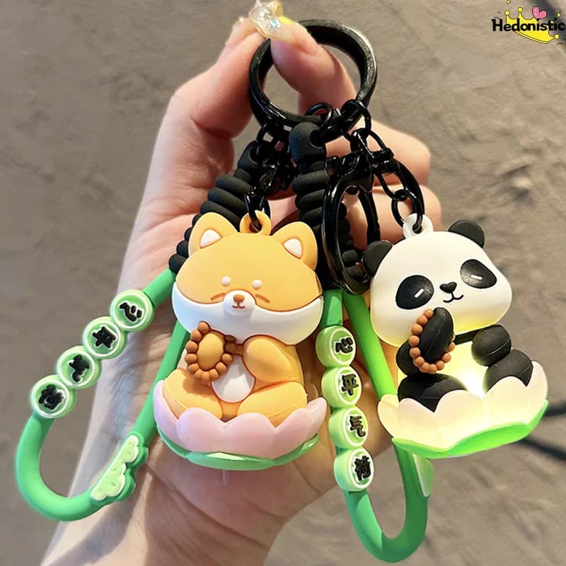 New Cartoon Panda Luminous Lotus Keychain Exquisite 3d Doll For Backpack Wallet Key Car Decoration Acg Pendant Collection Gift