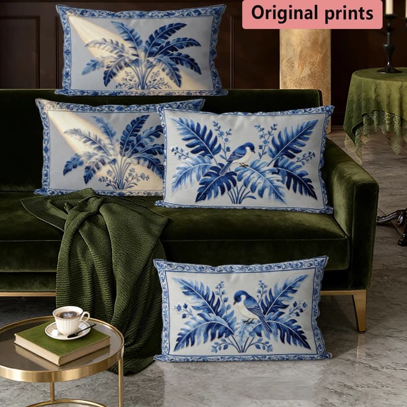 Blue Chinoiserie Bird Palm Throw Pillow Covers Suitable For Sofa Bedroom Car Cushion Rectangular Back Cushion