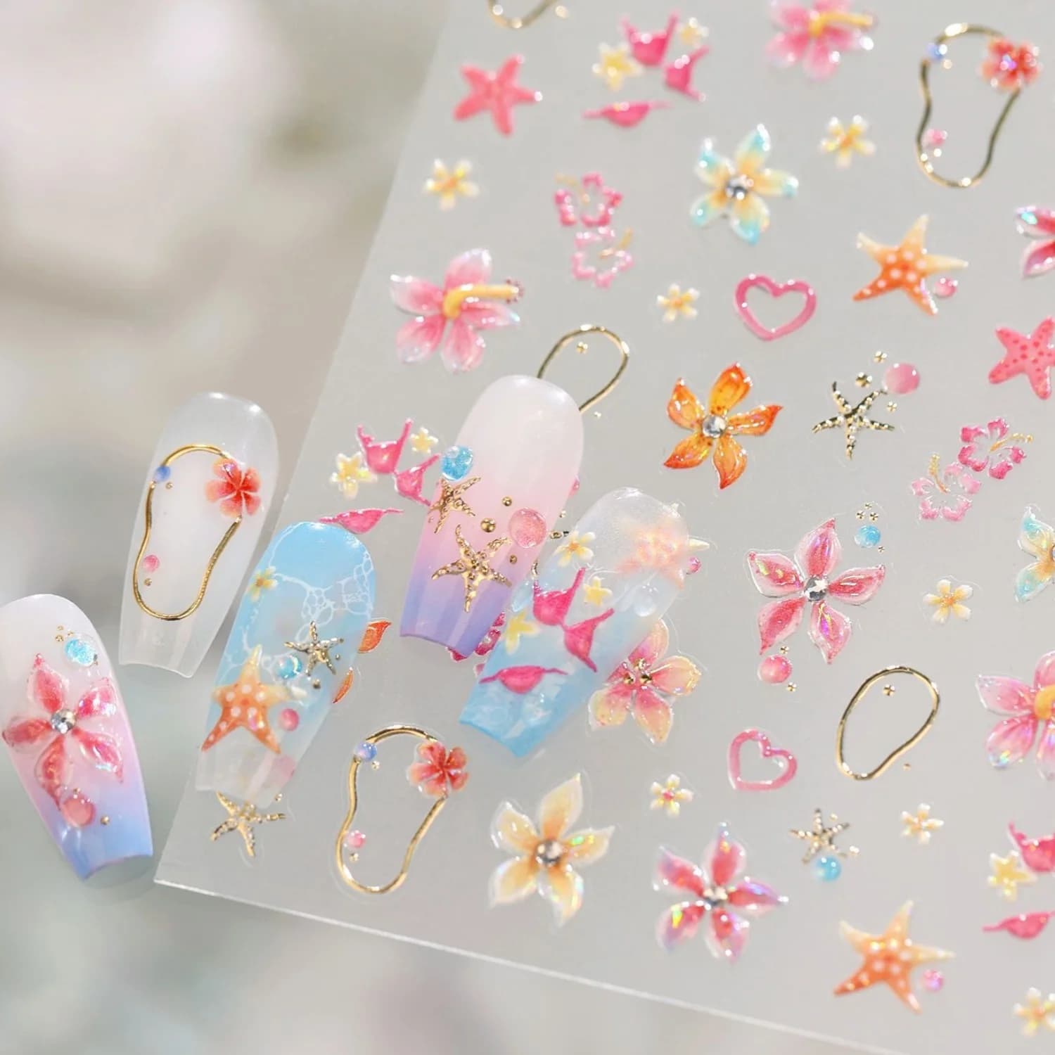 Tropical Holiday 5D Hibiscus Nail Stickers Beautiful Gradient Flower Golden Line Starfish Heart Nail Art Decals Fresh Summer