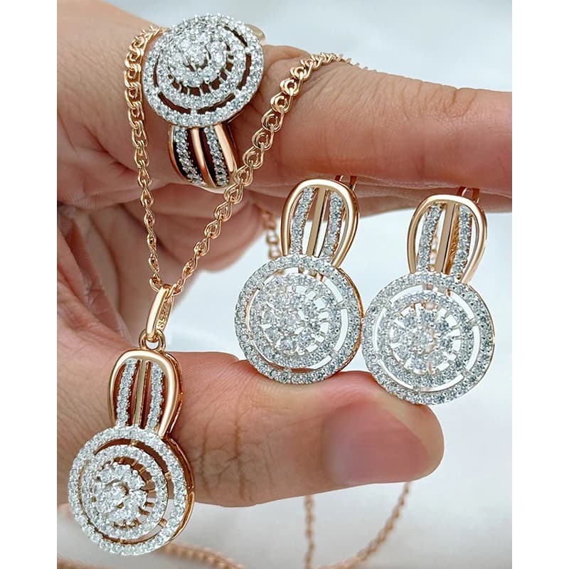 Kinel Hot Full Natural Zircon Ring Earrings Necklace For Women 585 Rose Gold Silver Color Mix Daily Bride Wedding Jewelry Stes