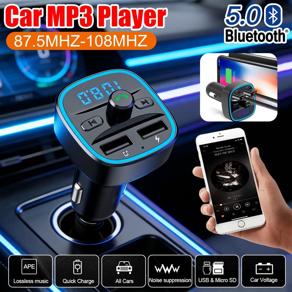 Bluetooth 5.0 FM Transmitter Portable for Auto, MP3 Player, Multifunction Wireless Charger with Dual USB port for Rapid Charging
