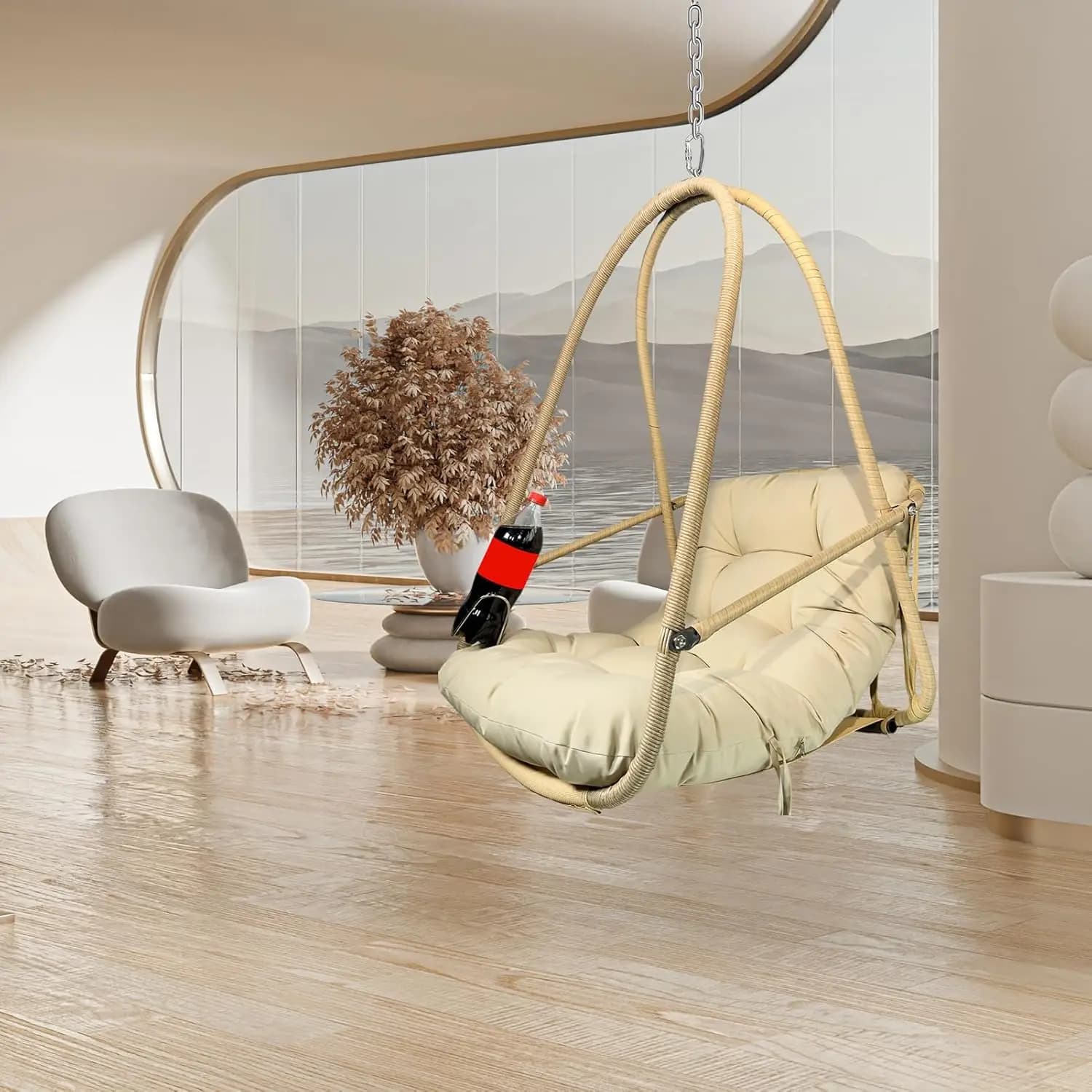 Egg rocking chair with support, foldable wicker structure, UV-resistant waterproof cushion, hanging chairs with cup holder, customizable