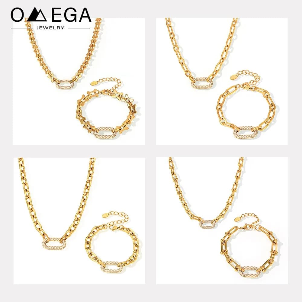 Stainless Steel Chain Necklace Bracelet For Women 18k Gold Plated Rock Hip-hop Style Women's Zircon Pendant Necklaces Bracelets
