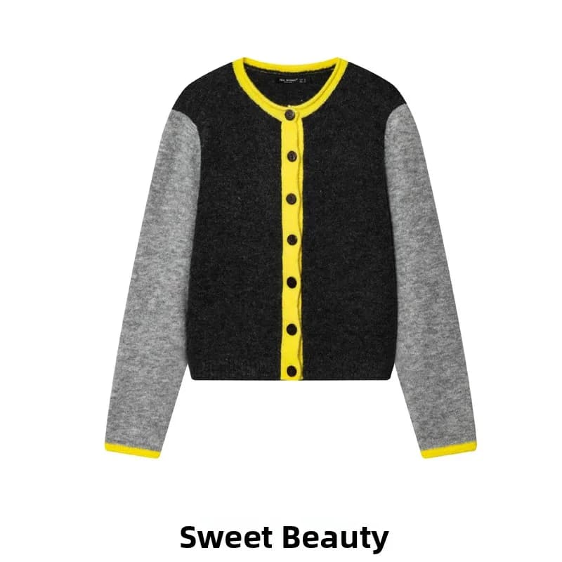 New Winter Women's Long Sleeve round Neck Spliced Knitted Jacket YF Brand Street Style Sporty Casual Short Length Coat