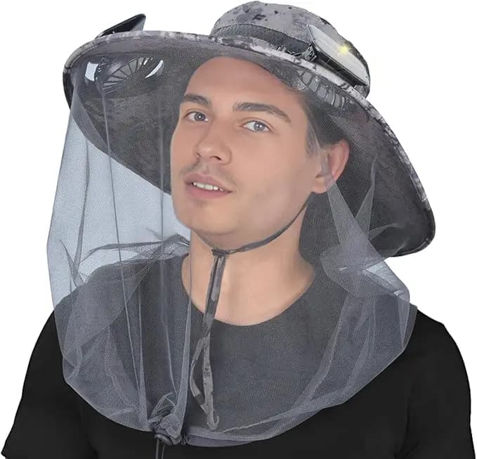 Wide Brim Sun Hat with Fan - Solar Powered Fan Hat with Mosquito Head Net, Men Cooling Hat for Outdoor, Fishing