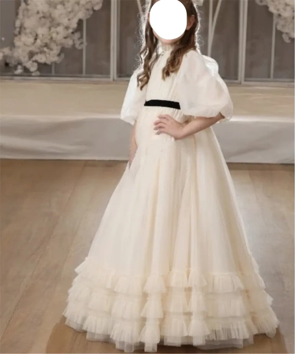 Abito da sposa elegante personalizzato per ragazza di fiori, mezze maniche, a strati gonfi, per bambini, festa di compleanno, spettacolo, abito da prima comunione