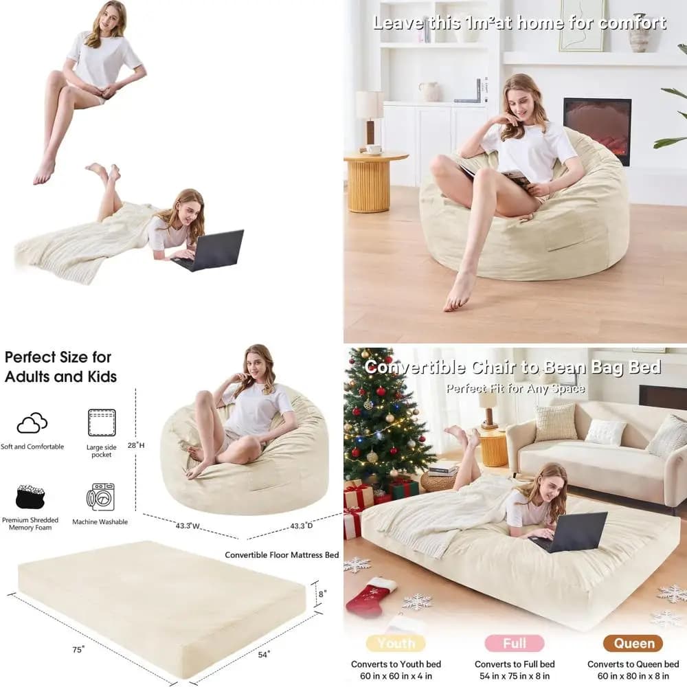 Poltrona a sacco convertibile per adulti - Divano con rivestimento in microfibra con imbottitura in schiuma - Ideale per camere da letto e dormitori - Beige completo