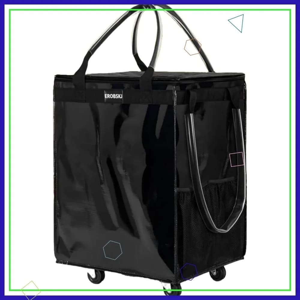 Medium black reusable shopping bag with wheels, 70 litre folding bag with shopping wheels and laundry