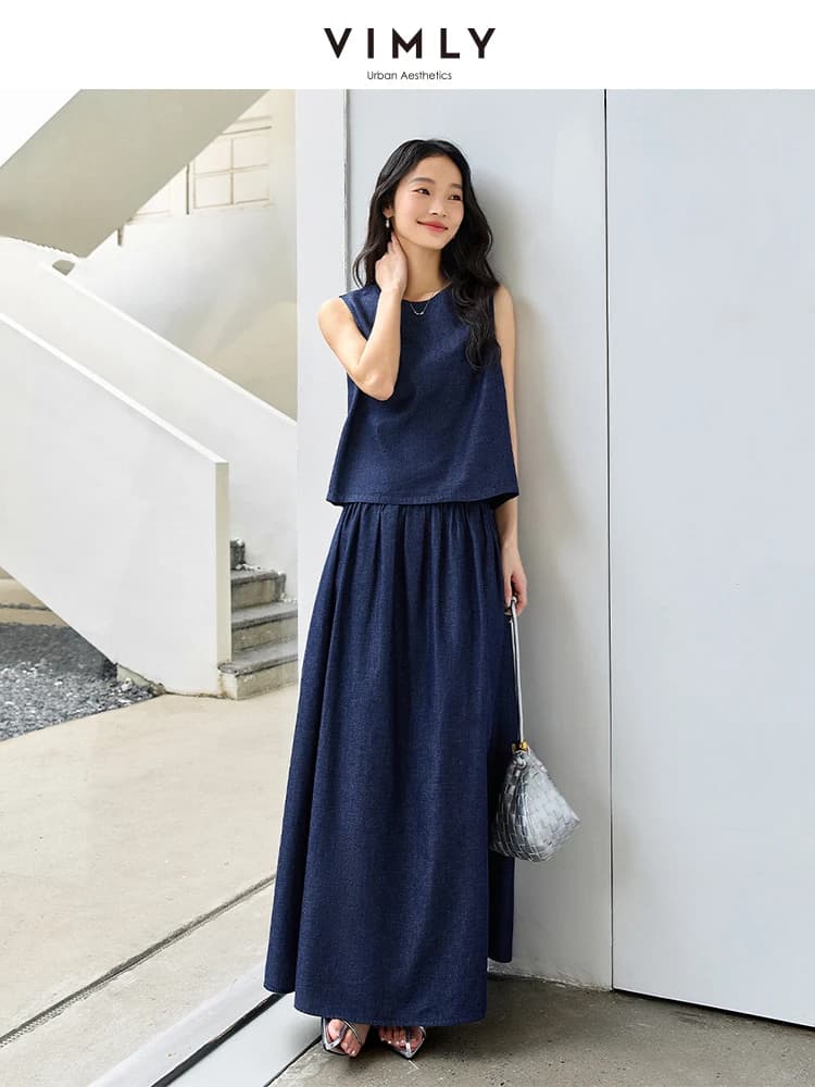 VIMLY Estate 2 pezzi gonna di jeans set donna abiti da vacanza cotone lino vestito da donna canotta altalena maxi gonna femminile M9729