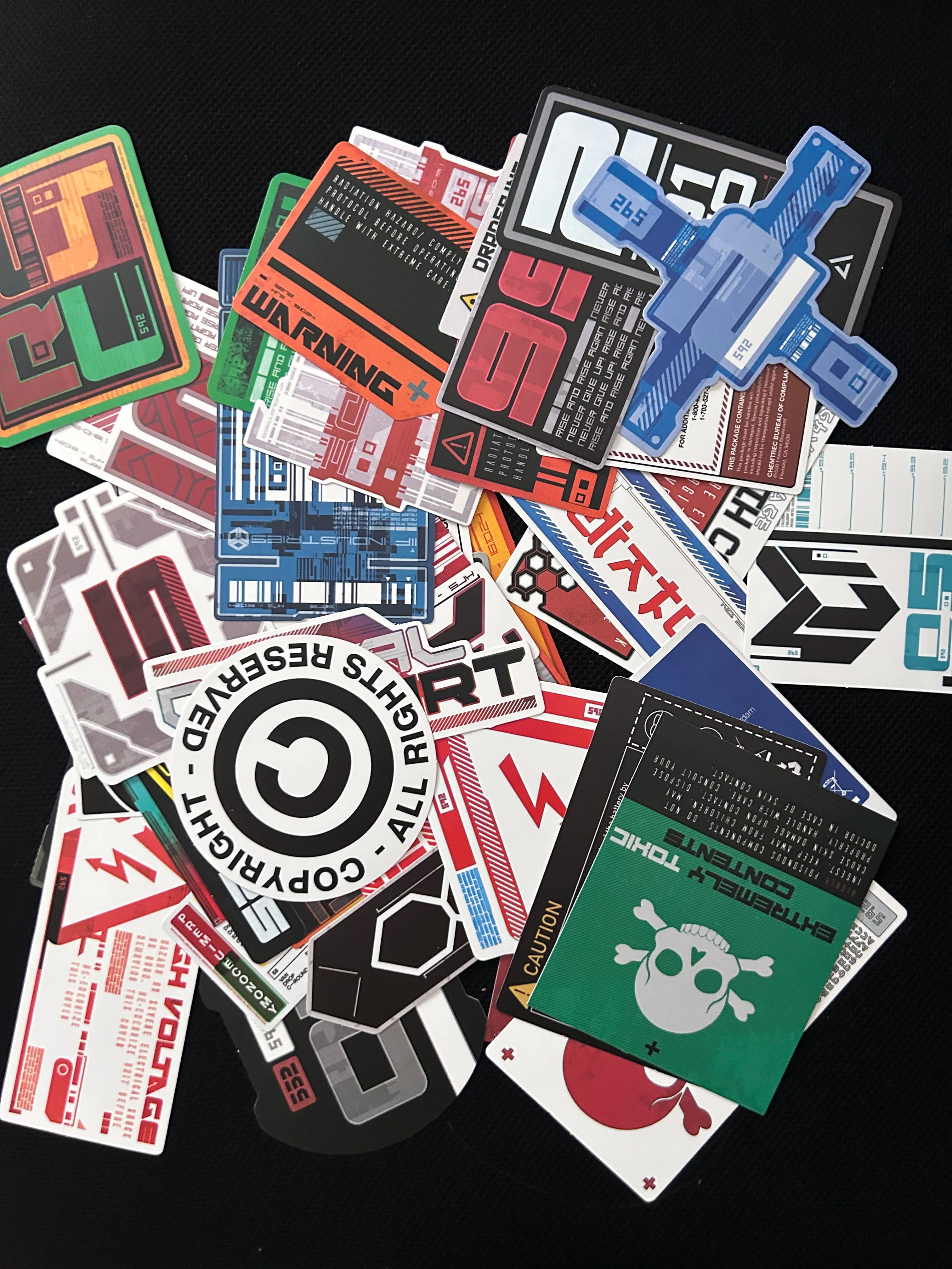Cyberpunk industrial style warning, radiation and biochemical hazard signs, hand luggage, luggage decoration stickers